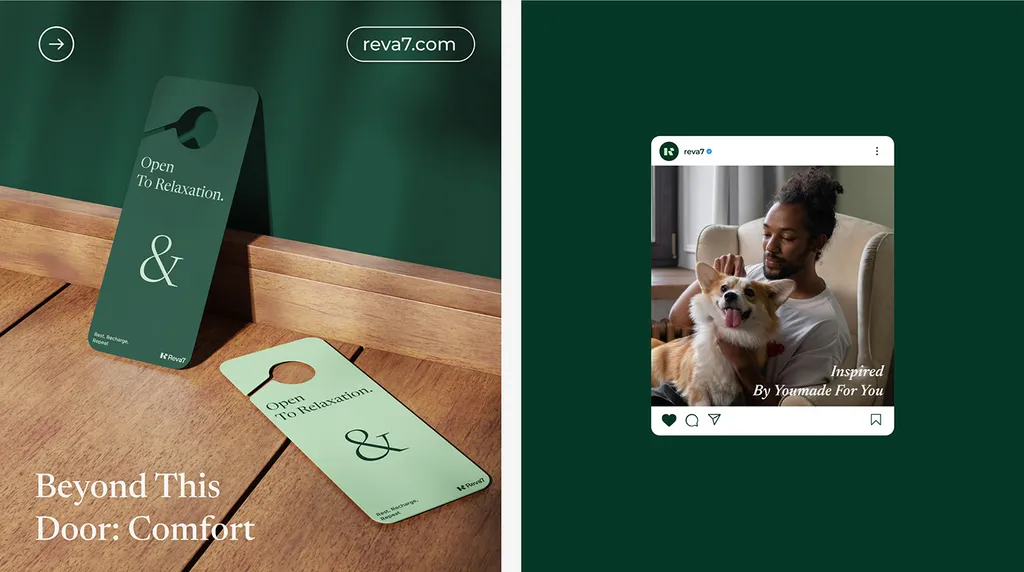 Reva7 door hanger, “Beyond This Door: Comfort”, and an Instagram post