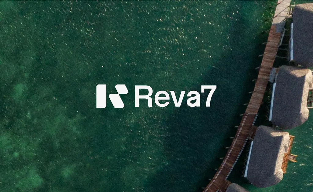 Reva7 logo in white over an aerial view of a green lake and loungers