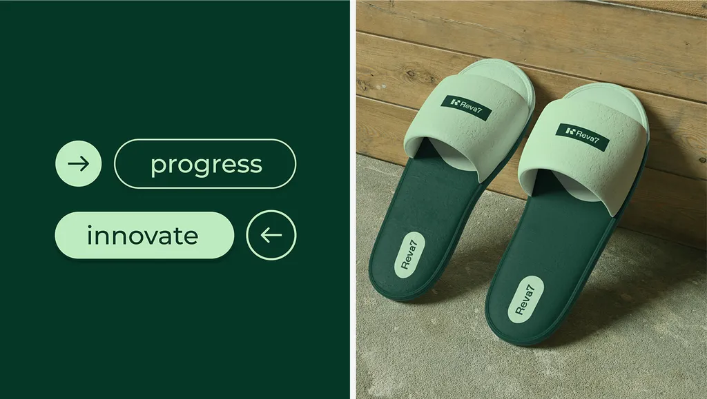 Reva7 interface buttons next to mint and green Reva7 slippers