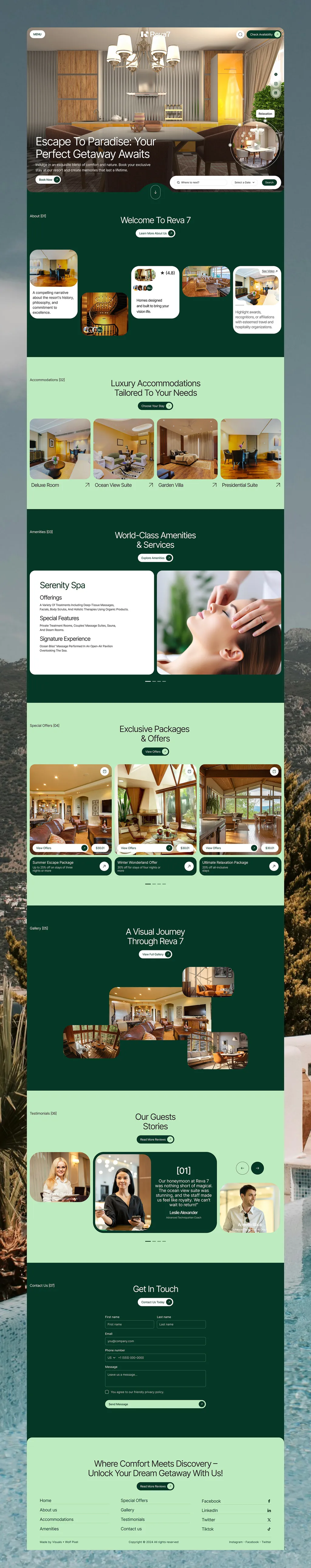 Full Reva7 website homepage from hero to footer
