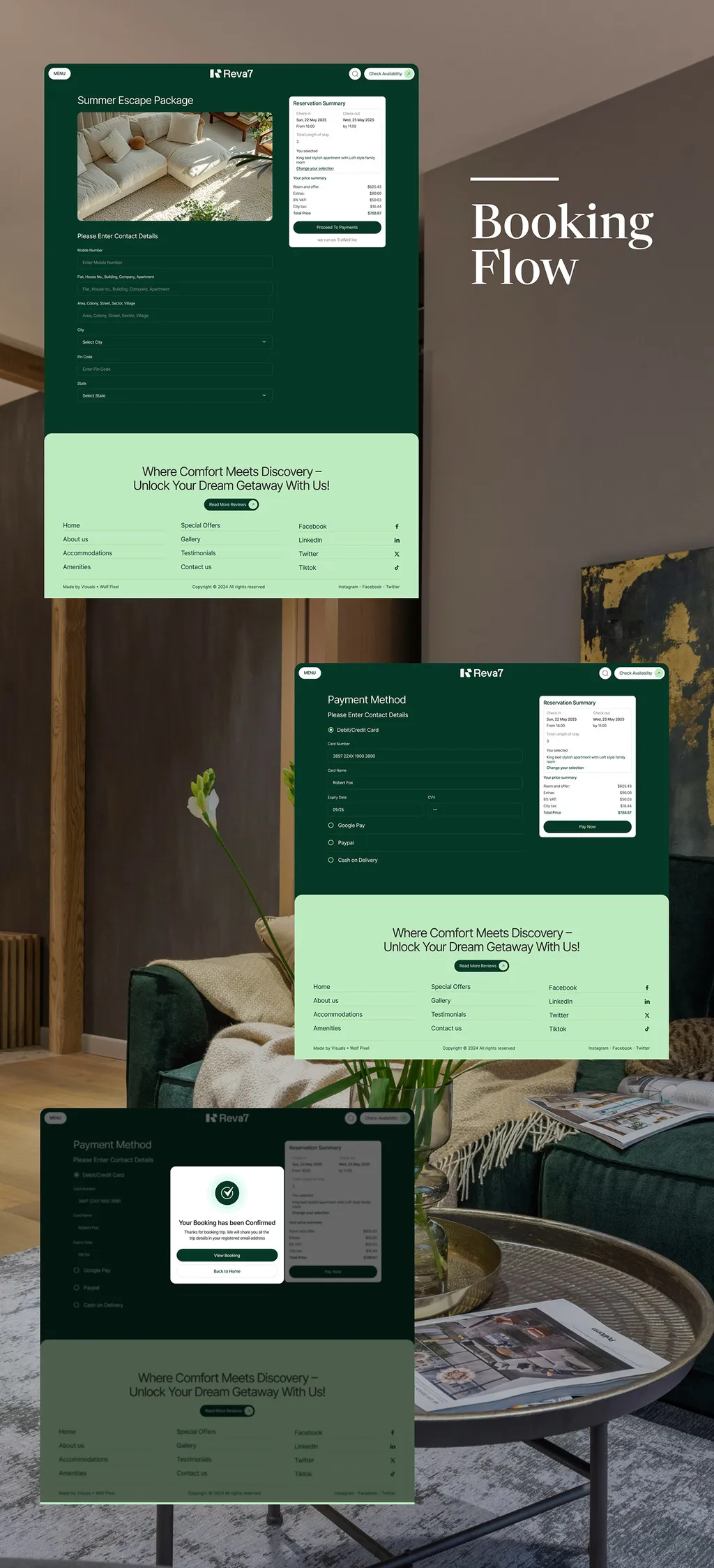 Reva7 booking flow screens