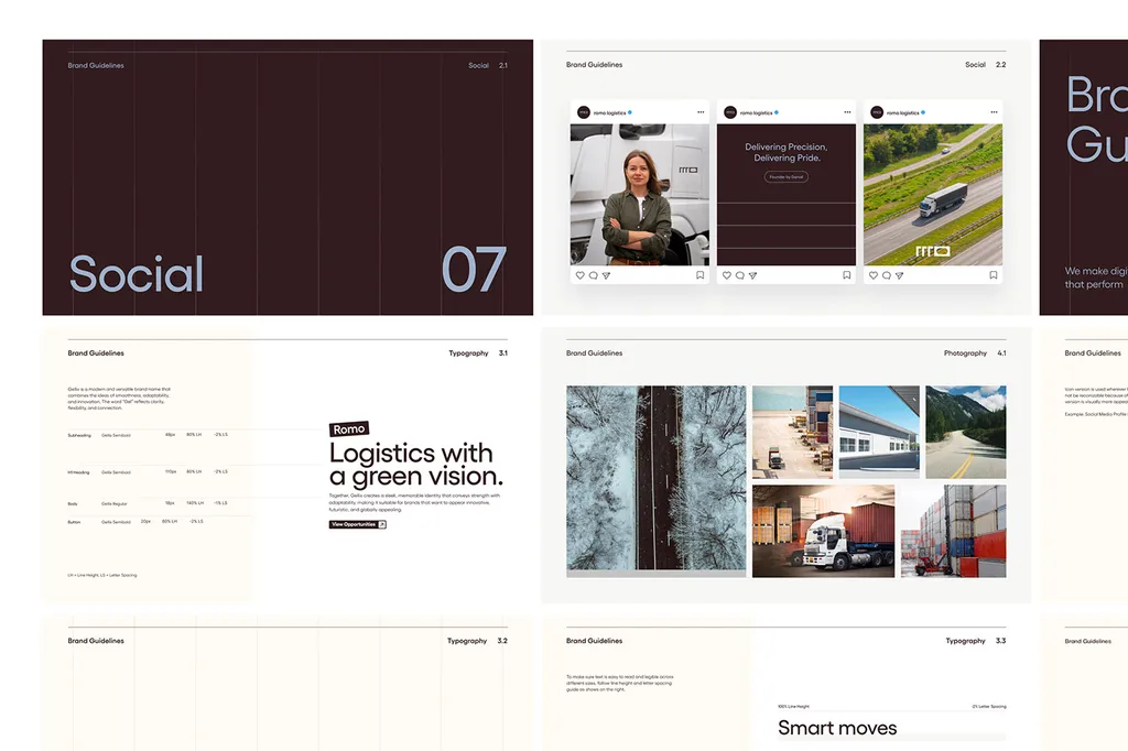 ROMO Logistics brand guideline pages: social media, typography and photography