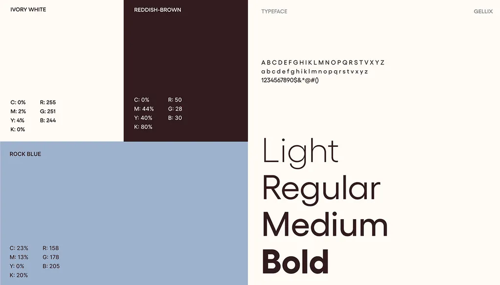 ROMO color and type page: ivory white, reddish brown, rock blue and a sans in light, regular, medium and bold