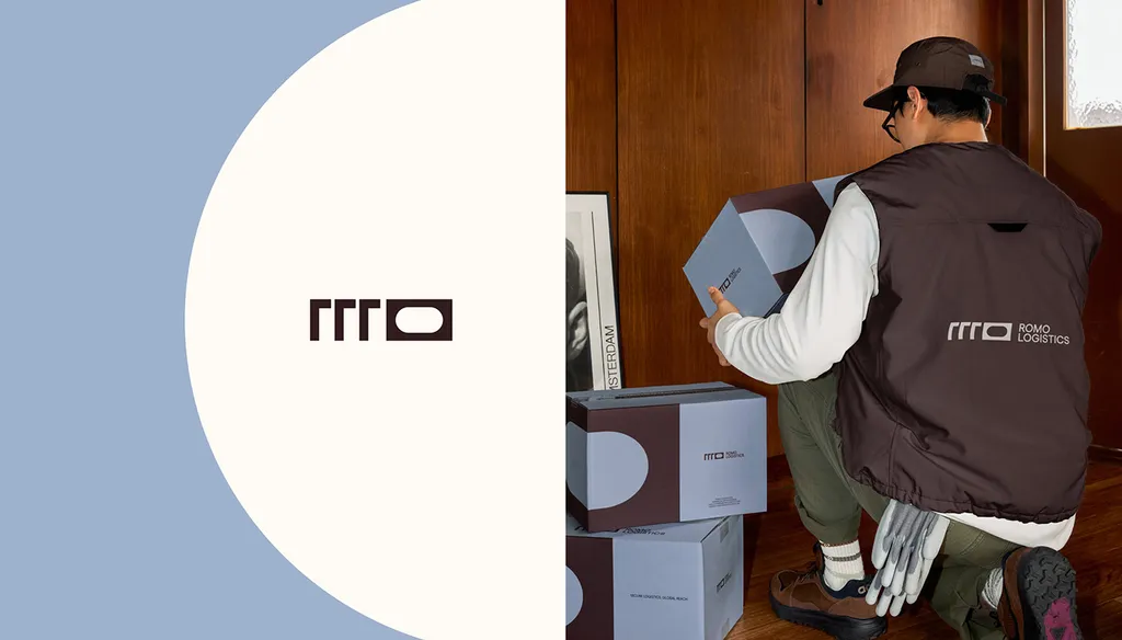 ROMO mark on blue and cream next to a worker in a ROMO vest carrying boxes