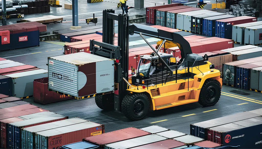 Yellow forklift moving a ROMO container through a container yard