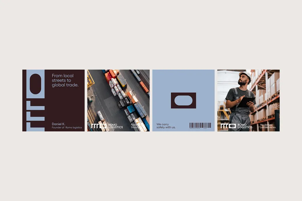 ROMO banner layouts with logistics photos: “From local streets to global trade”
