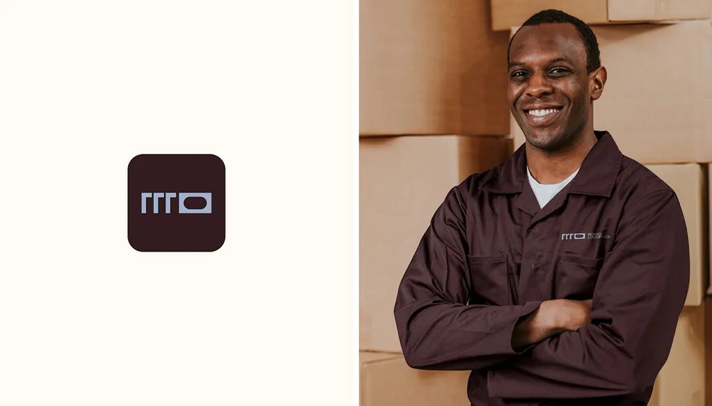 ROMO app icon next to a smiling worker in a brown ROMO jacket