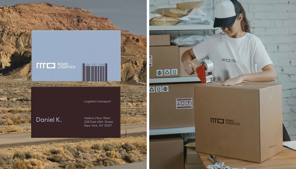 ROMO business card against a desert and a worker taping a ROMO box