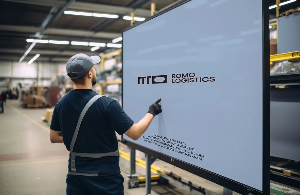 Warehouse worker pointing at a large ROMO Logistics sign