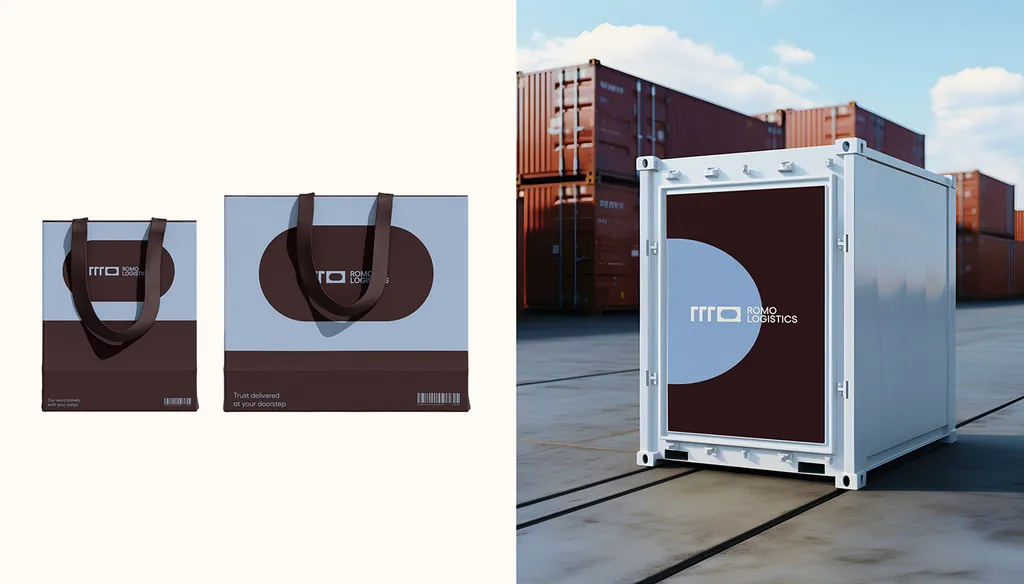 ROMO shopping bags next to a shipping container with ROMO graphics