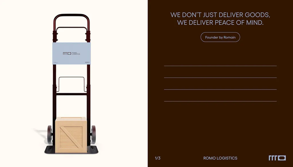 Hand truck with a ROMO box and the line “We don’t just deliver goods. We deliver peace of mind.”