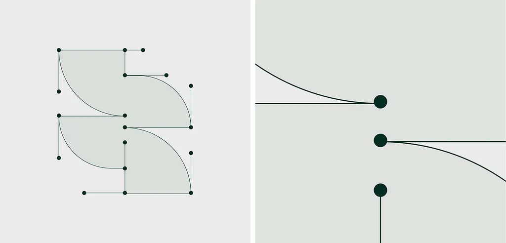 Secuara S mark built from quarter circles and connected nodes