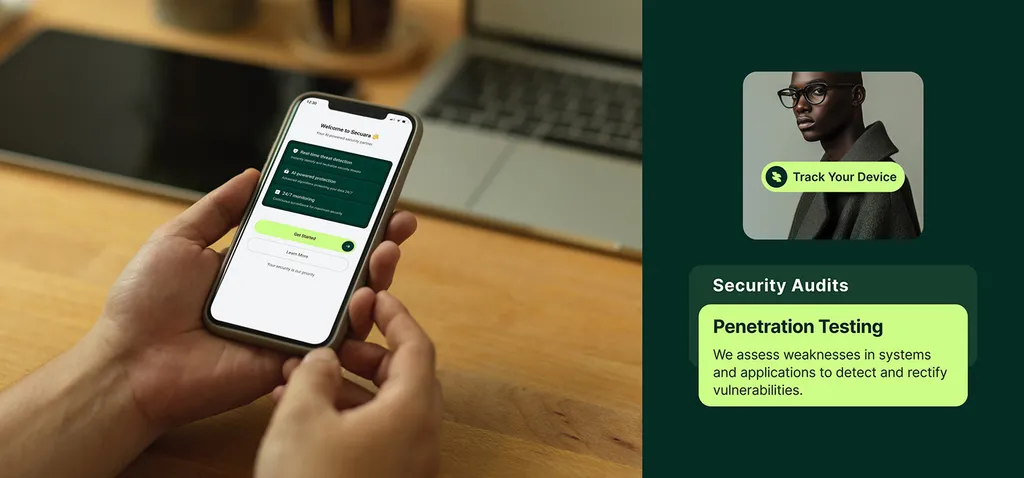 Hands holding a phone with the Secuara app next to security audit cards
