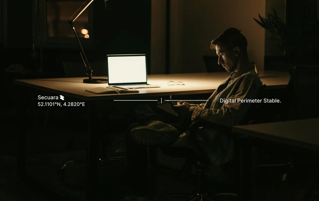 Person working at a laptop late at night, with the Secuara logo and “Digital Perimeter Stable”