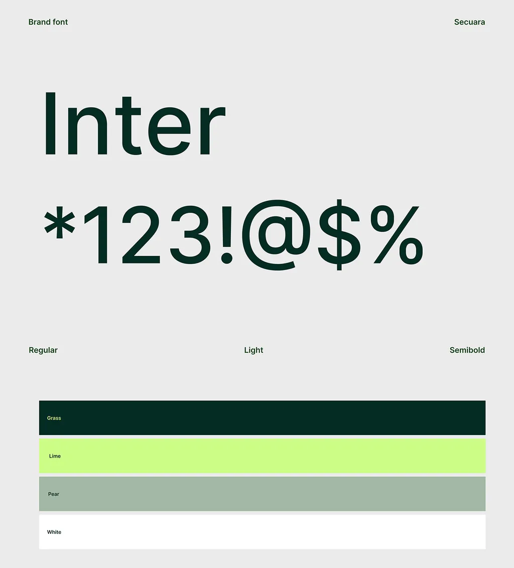 Secuara typography and color page: Inter with dark green, lime, sage and cream