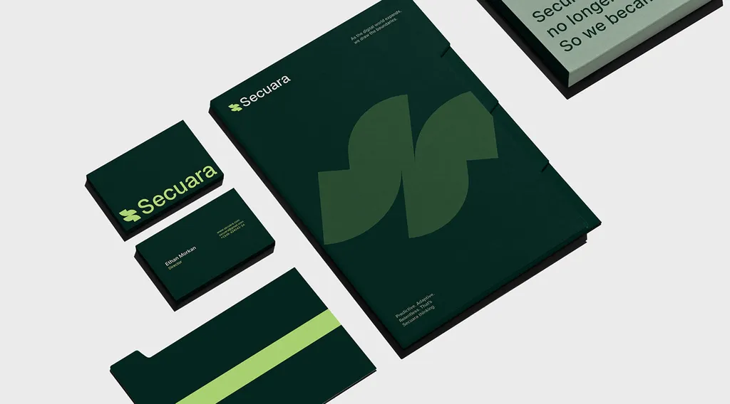 Secuara stationery: business cards, letterhead and folder in dark green and lime