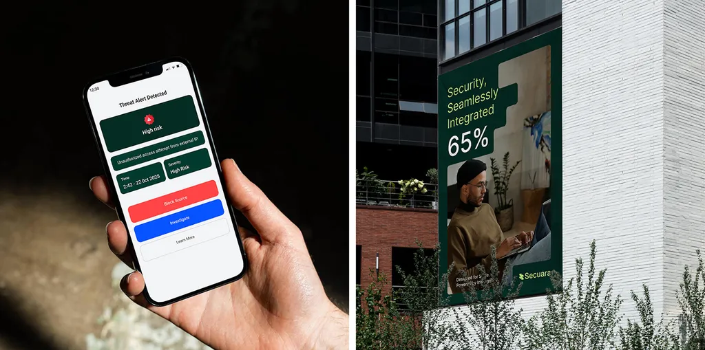 Hand holding a phone with the Secuara app next to a building banner