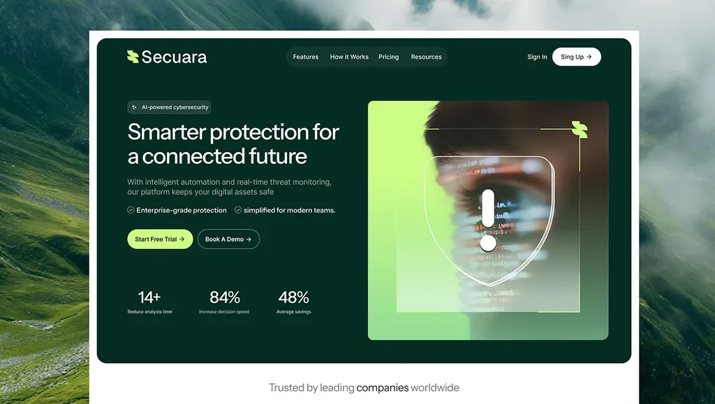 Secuara website hero: “Smarter protection for a connected future”