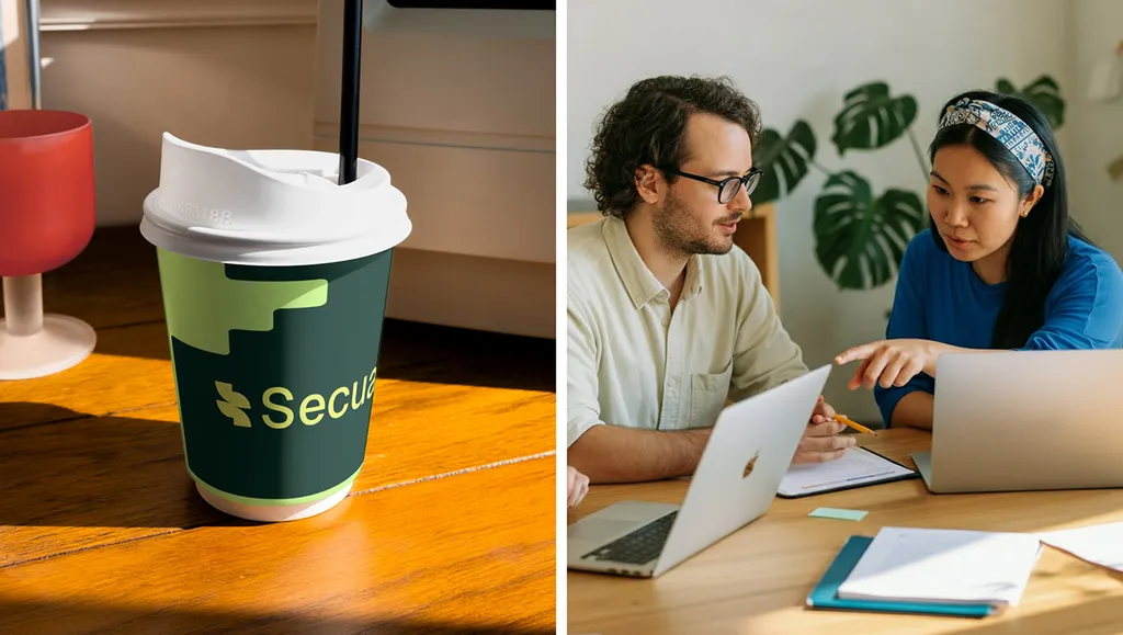 Green Secuara coffee cup next to two people working on laptops
