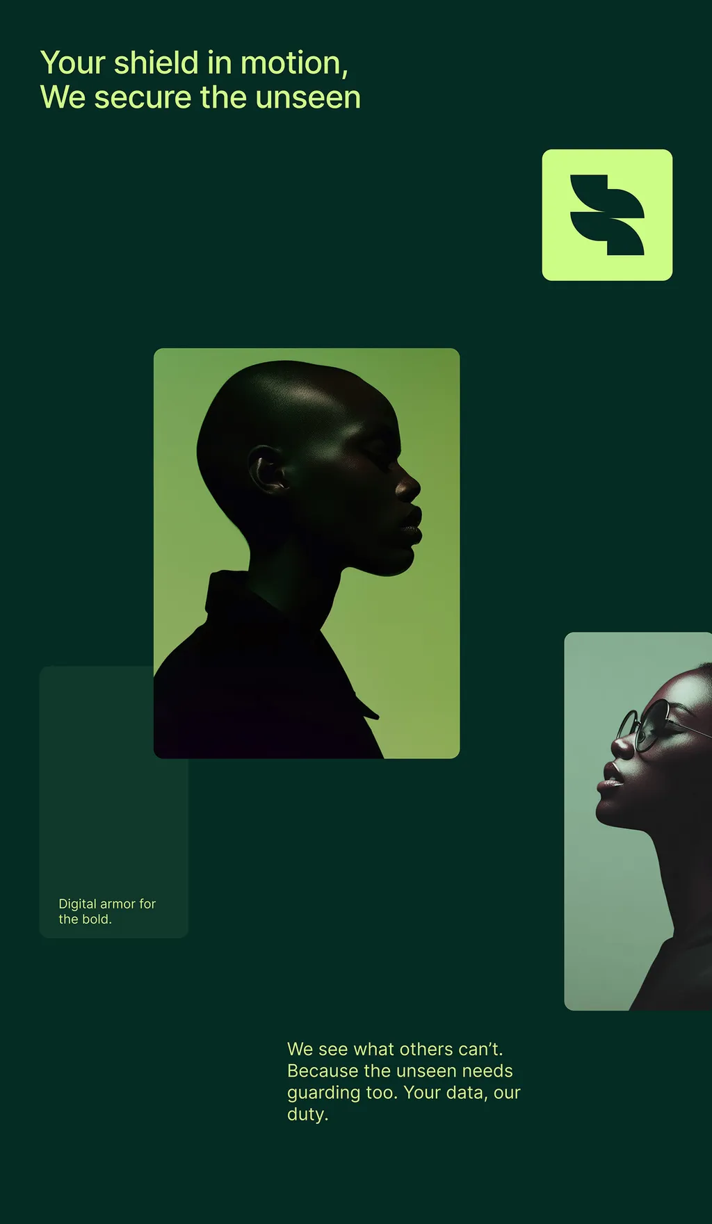 Tall Secuara poster in green: “Your shield in motion. We secure the unseen.”