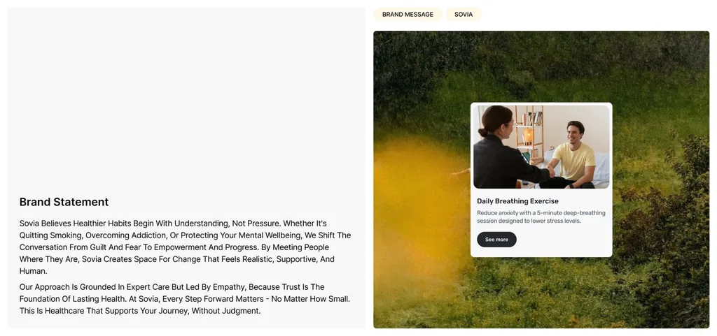 Sovia brand statement next to a “Daily Breathing Exercise” card over a green field