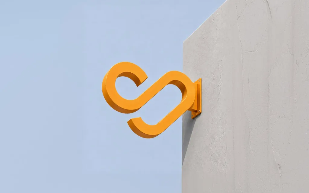 Orange 3D Sovia symbol mounted on a concrete wall against a blue sky