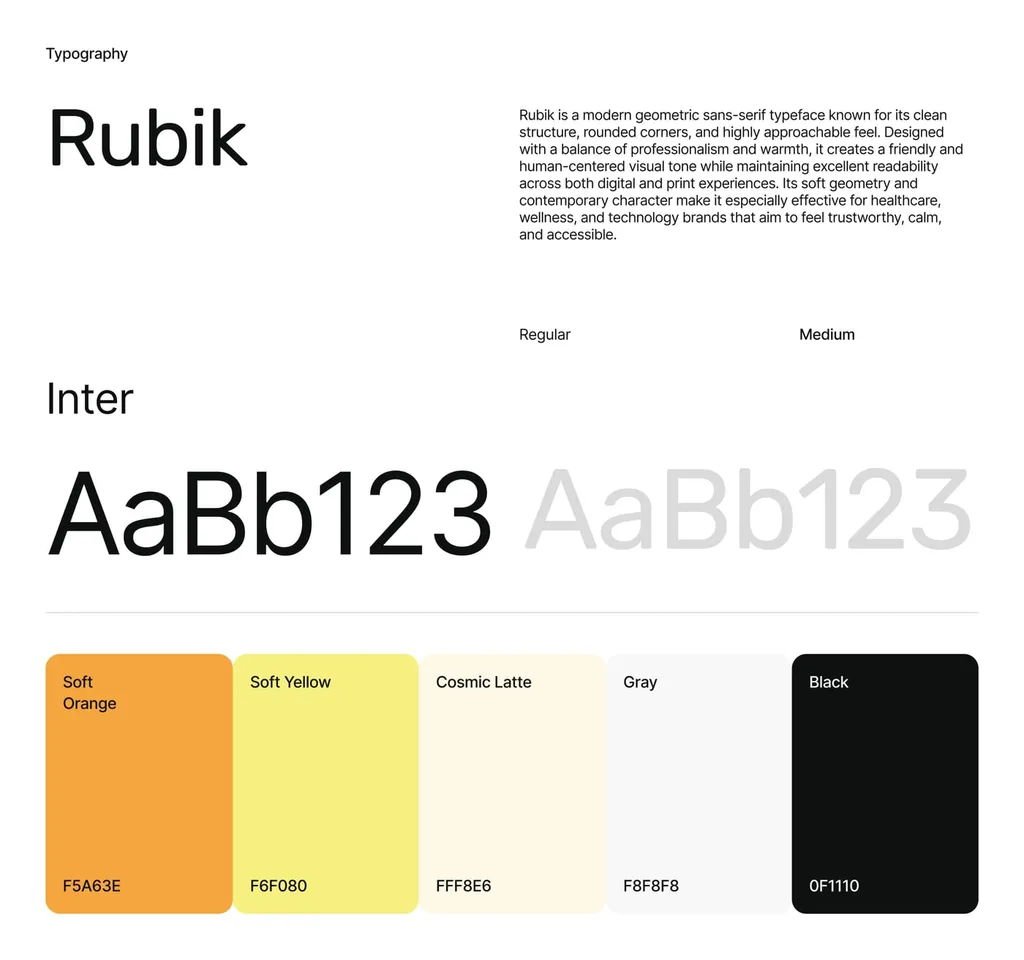 Sovia typography and colors: Rubik, Inter, soft orange F5A63E, soft yellow F6F080, cosmic latte FFF8E6, gray F8F8F8 and black 0F1110