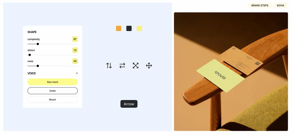 Sovia interface controls in the brand colors next to a yellow business card on a wooden chair