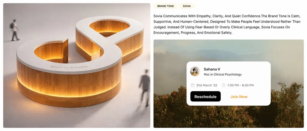 Wooden Sovia symbol sculpture, the brand tone statement and a session booking card with a clinical psychologist