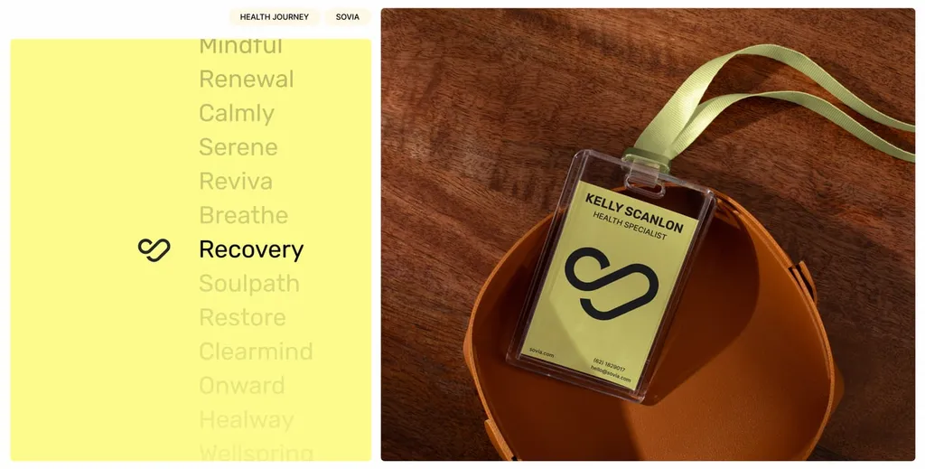 List of calm brand words with “Recovery” highlighted, next to a Sovia ID badge on a lanyard