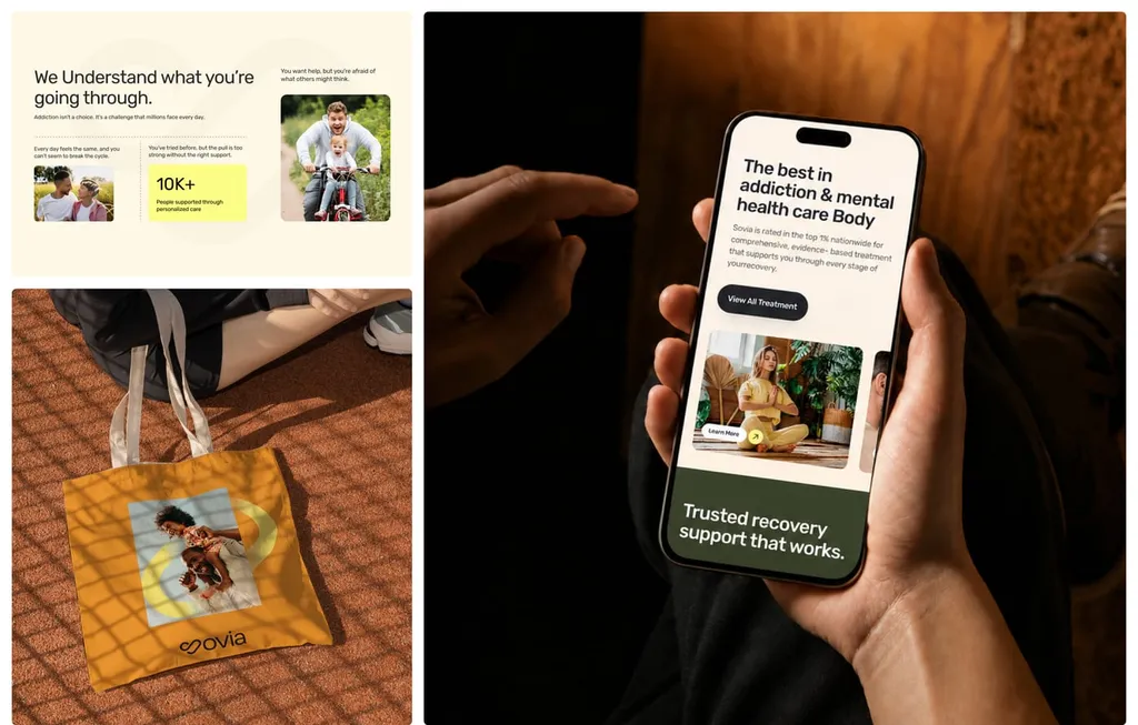 Sovia website section, a yellow tote bag and a phone showing “The best in addiction & mental health care”