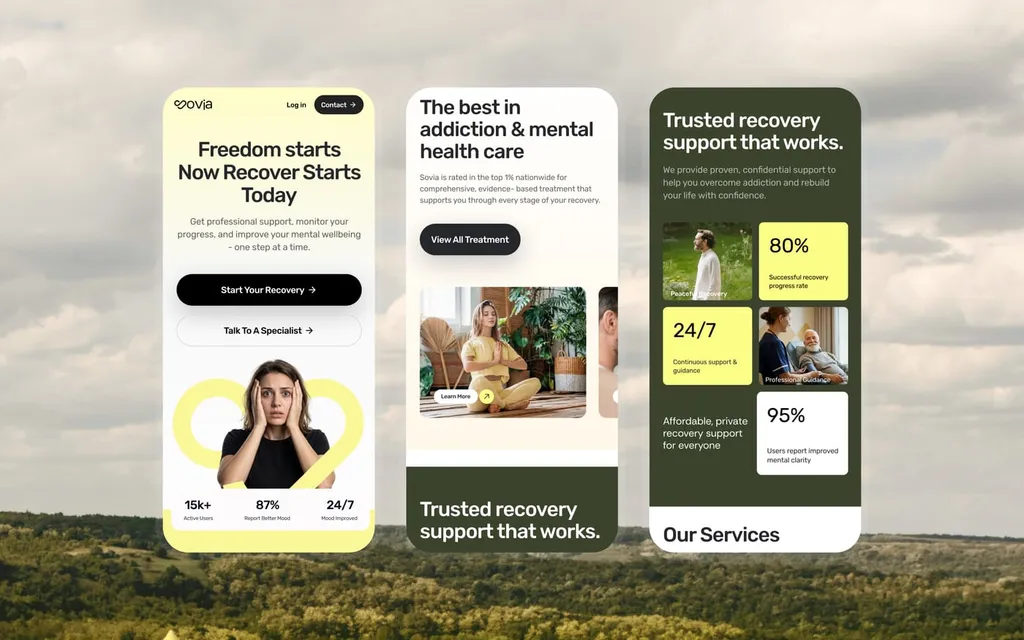 Three Sovia website screens over a green landscape
