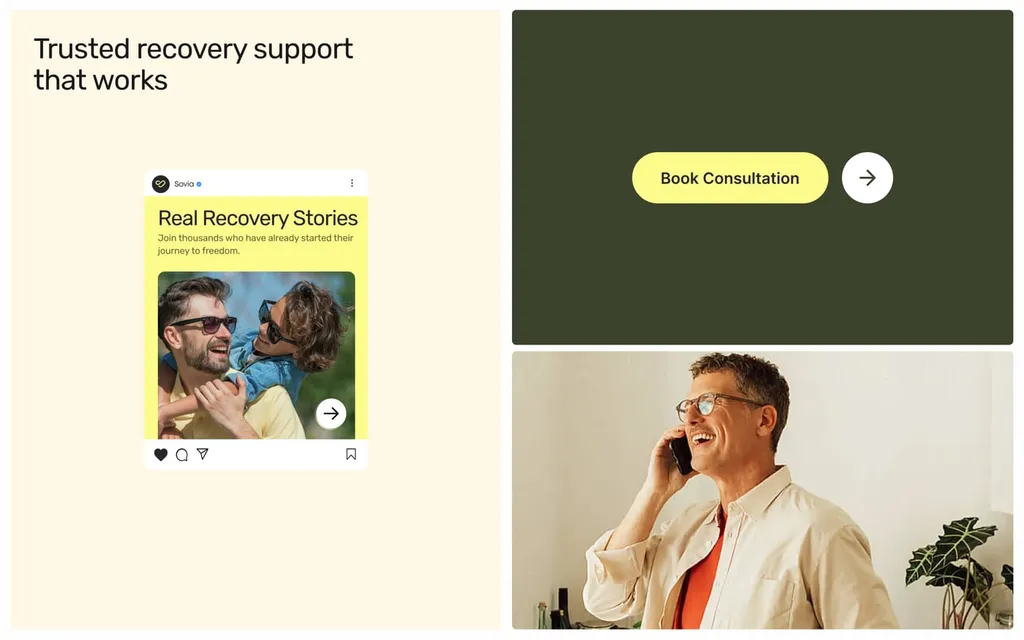 Sovia social post with real recovery stories, a consultation button and a man on the phone