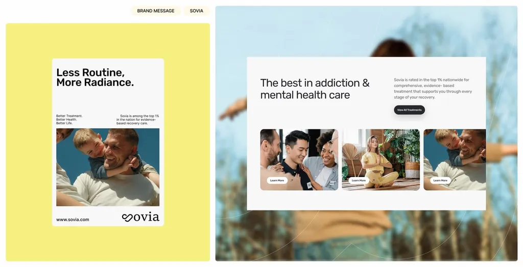 Sovia ads: “Less Routine. More Radiance.” and “The best in addiction & mental health care”