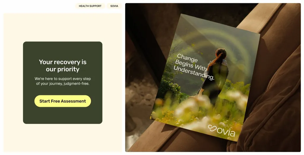 Sovia card “Your recovery is our priority” and a poster “Change begins with understanding”