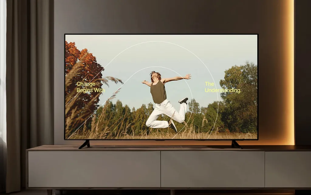 TV in a living room showing a Sovia campaign image of a person leaping in a meadow