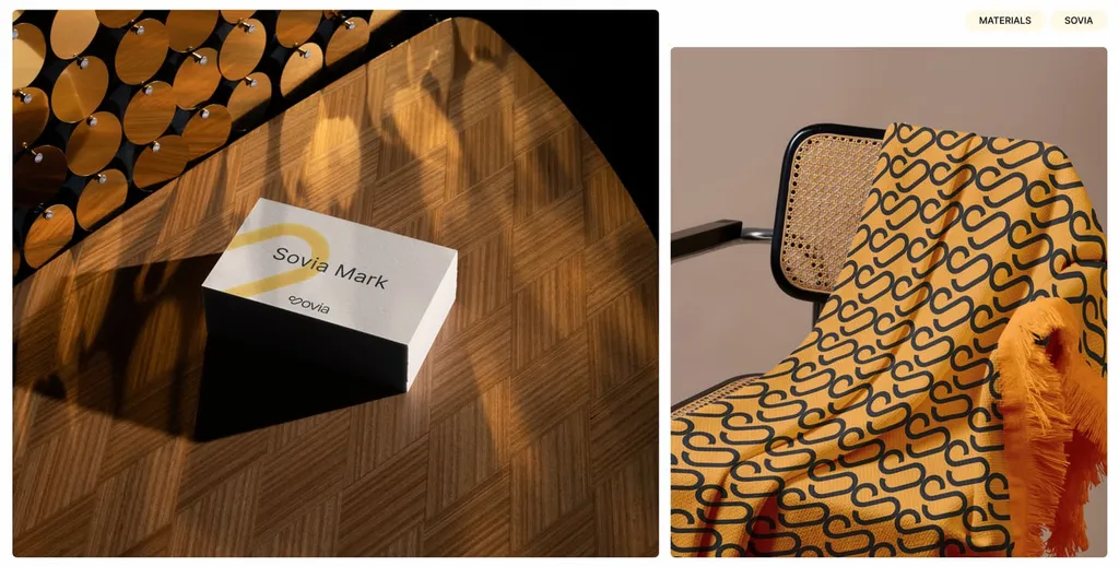 Sovia business cards on a wooden table next to a chair covered in the Sovia pattern