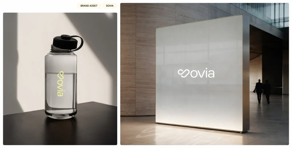 Sovia water bottle and a frosted glass panel with the logo in a lobby