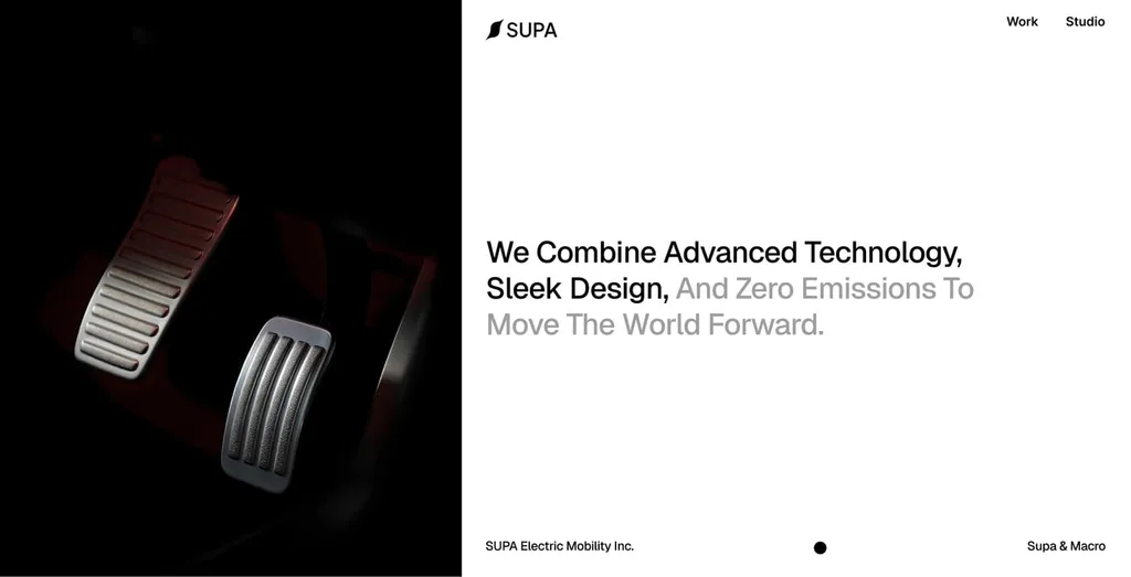 SUPA website hero: “We combine advanced technology, sleek design, and zero emissions to move the world forward”, next to car pedals