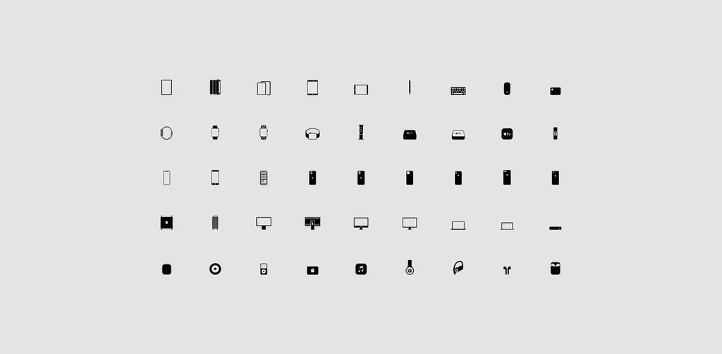 SUPA icon set: 45 black device icons on light gray, from tablets and watches to phones, laptops and earbuds