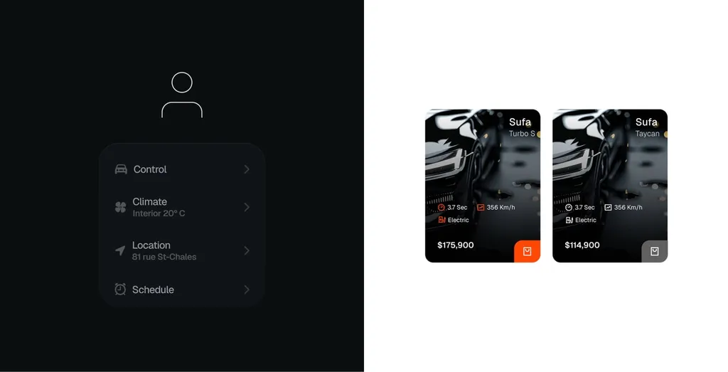 SUPA app menu for control, climate, location and schedule, next to car cards