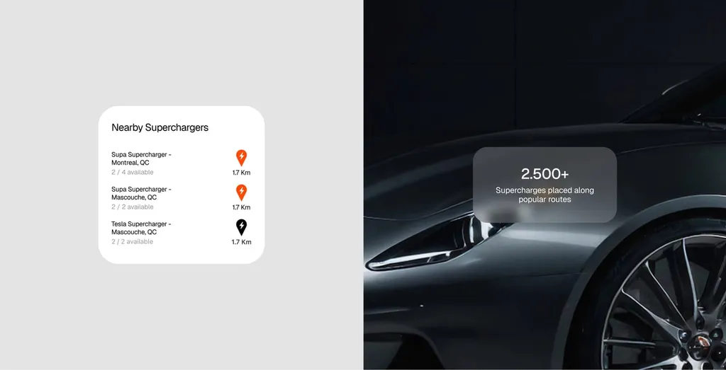 SUPA nearby superchargers list next to a dark sports car