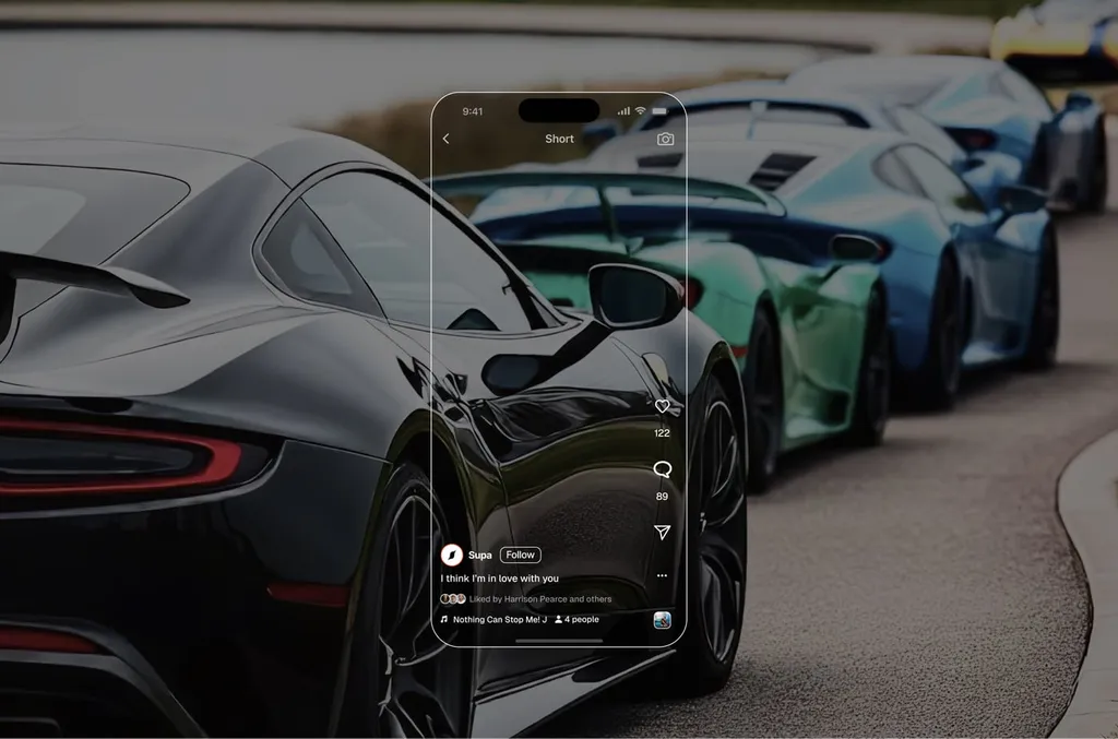 Phone over a row of parked sports cars showing a SUPA video post