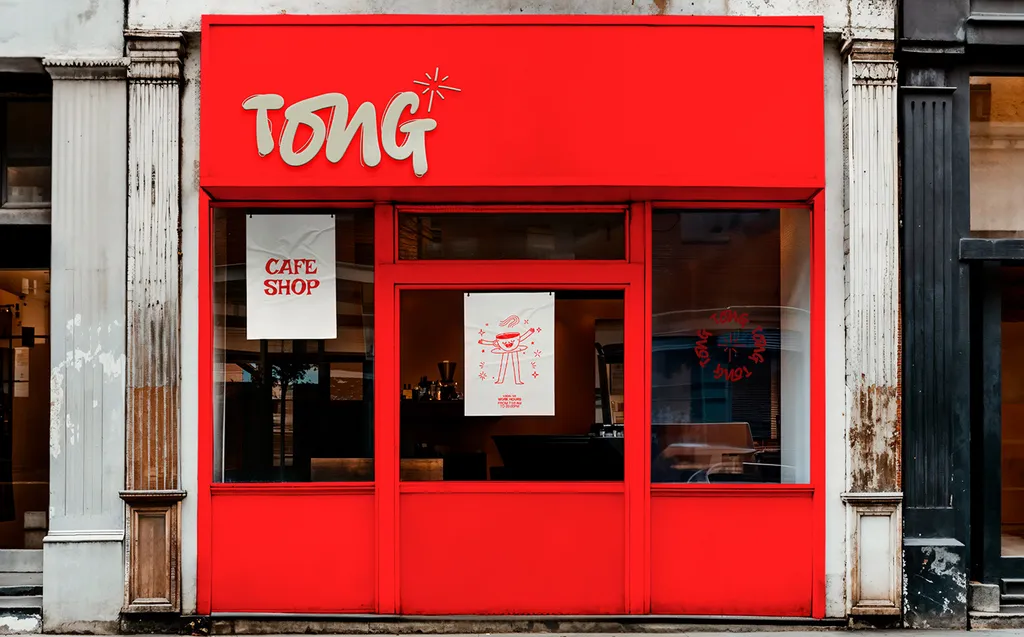Red Tong café shopfront with the handwritten Tong logo above the door
