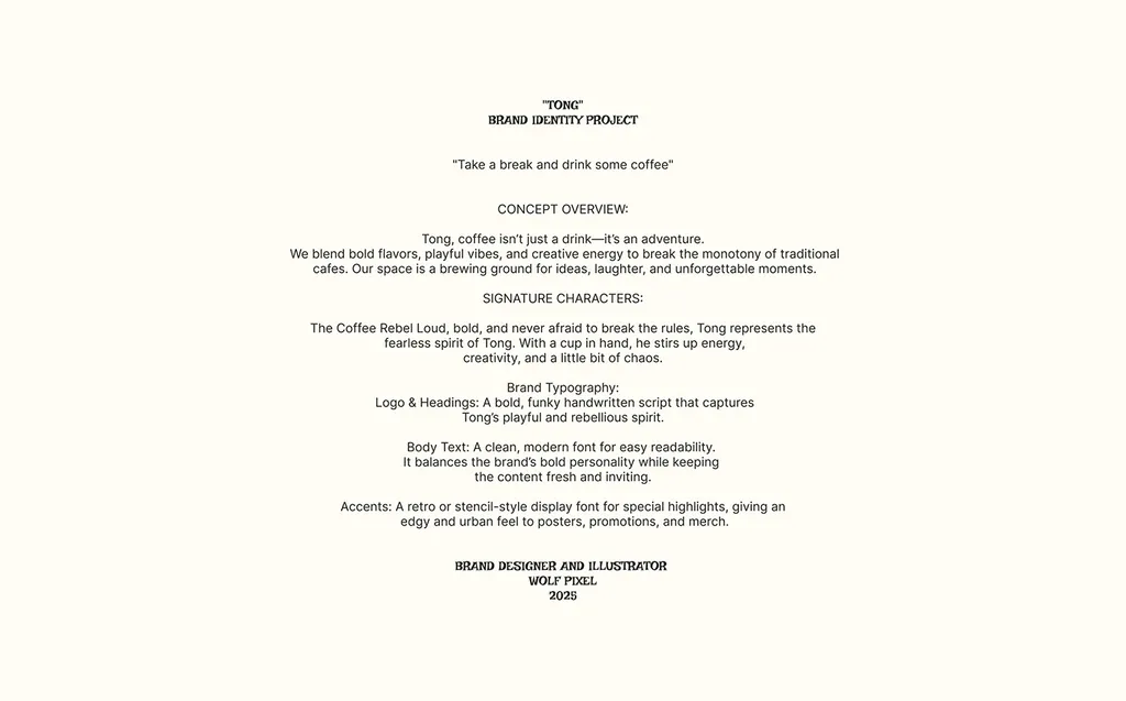 Tong brand concept page: concept overview, signature character and typography notes