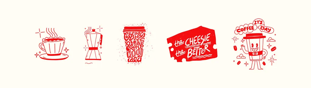 Tong doodle illustrations in red: cups, a moka pot and a “the cheesie the better” badge