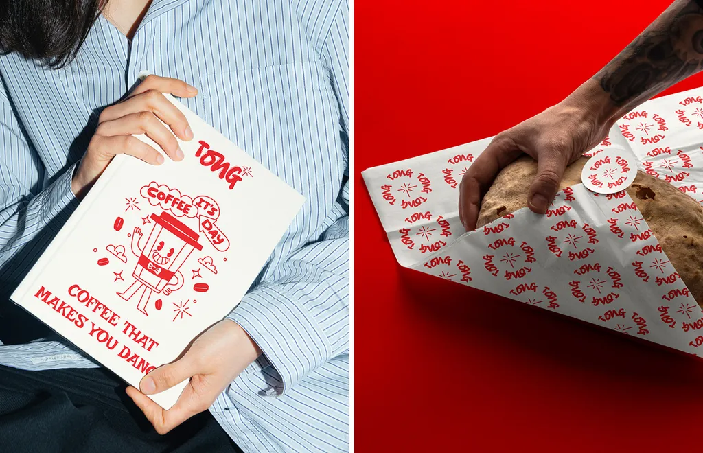 Tong paper bag, “Coffee that makes you dance”, and a sandwich wrapped in Tong pattern paper