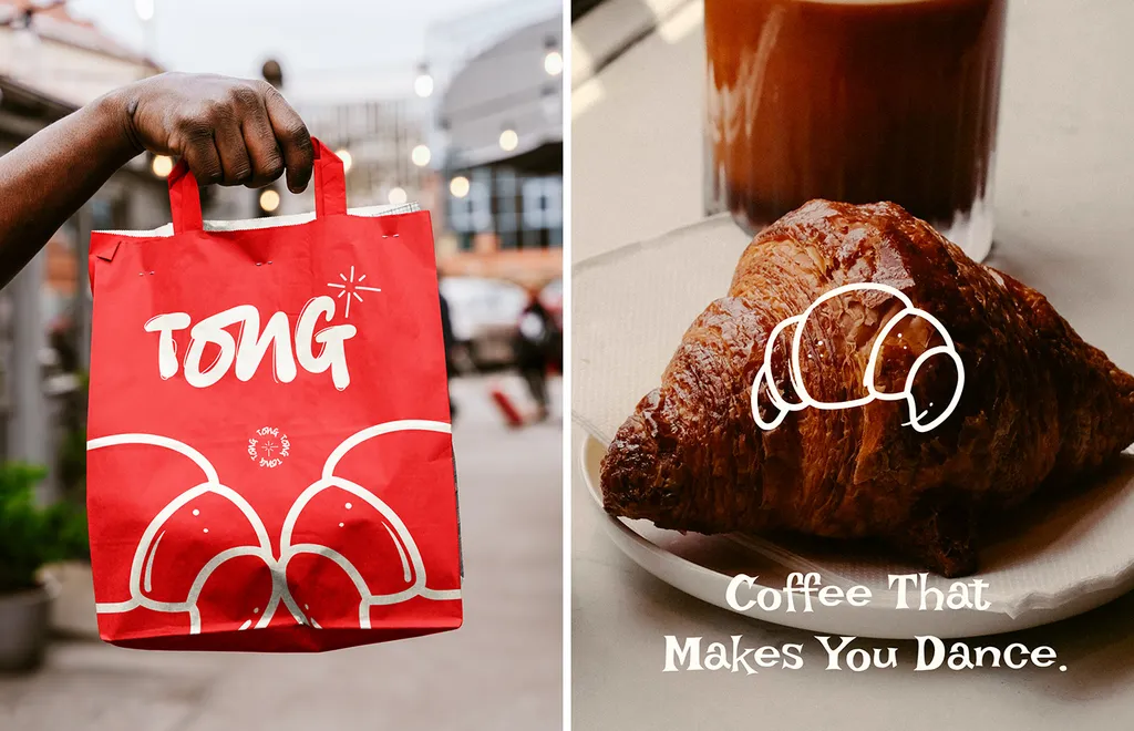 Red Tong tote bag next to a croissant illustration: “Coffee That Makes You Dance”
