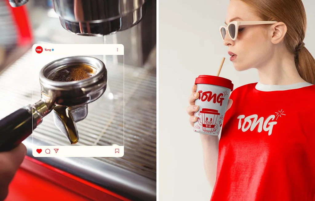 Espresso machine on an Instagram frame and a woman in a red Tong sweatshirt drinking from a Tong cup