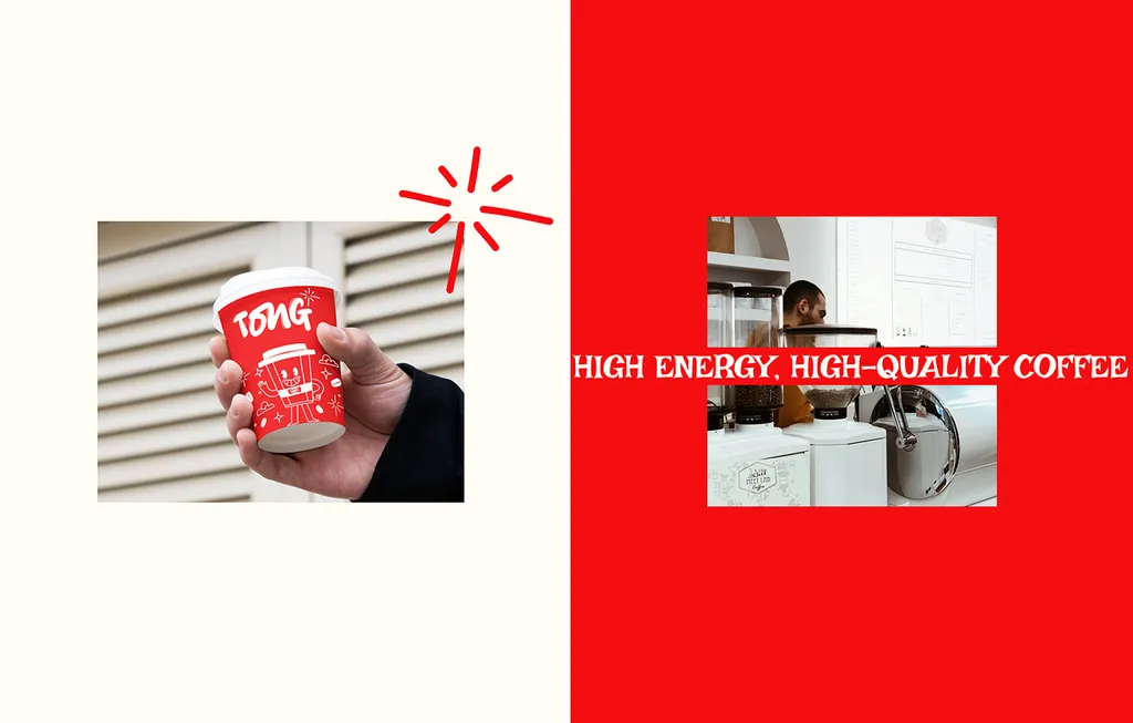 Hand holding a red Tong cup next to the line “High energy, high-quality coffee”